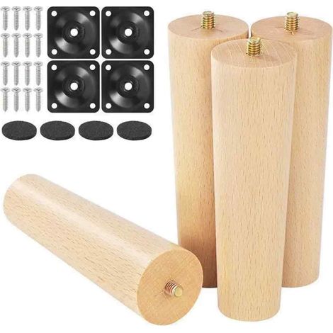 4PCS Pieds de Meuble en Bois 15CM Pieds de Canapé avec Plaque de Montage, Vis et Tapis Antidérapants, Pieds pour Table Lit Canapé