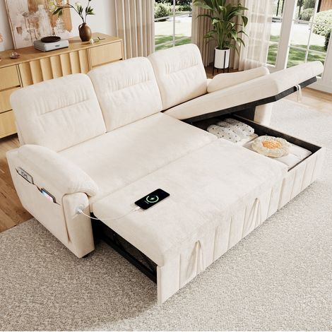 Divano angolare convertibile 208x131x88 cm 3/4 posti, chaise longue reversibile con contenitore, ciniglia - beige (1/5)