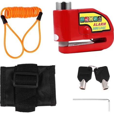 Antivol de disque de frein pour moto - Alarme de moto - 110 dB - Avec câble de rappel de 1,5 m - Verrou de sécurité pour moto et scooter, Rouge