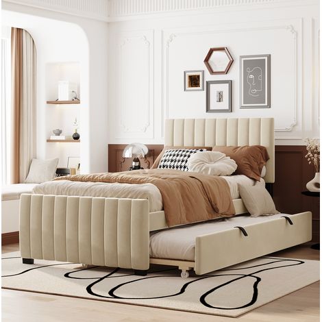Lit enfant 90/190 cm beige en velours avec lit gigogne et tête de lit rembourrée (1/4)