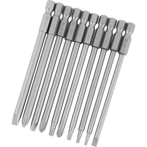 Ensemble de 10 embouts de tournevis magnétiques BST à tige hexagonale de 100 mm (1/4") (plat + croix, étoile de sécurité)