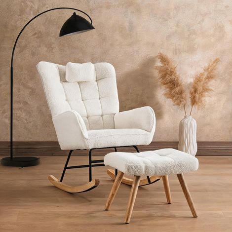 Fauteuil à bascule blanc en boucle avec pouf et coussin tête (1/5)