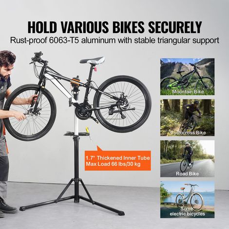 Support vélo atelier aluminium renforcé 30 kg, établi réparation réglable 102-160 cm avec plateau aimanté et bras télescopique, pliant pour garage ou magasin (1/5)