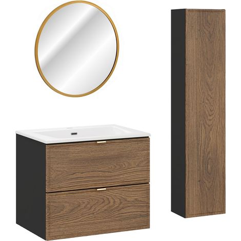 Set aus Einzelmöbel, Einbauwaschbecken 60cm, Säule und Spiegel Elena Holz und Schwarz