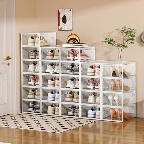Juego de 12 cajas apilables de plástico transparente para guardar zapatos, con puertas, para mujer/hombre, 32,5 x 23 x 13,5 cm (transparentes). (1/4)