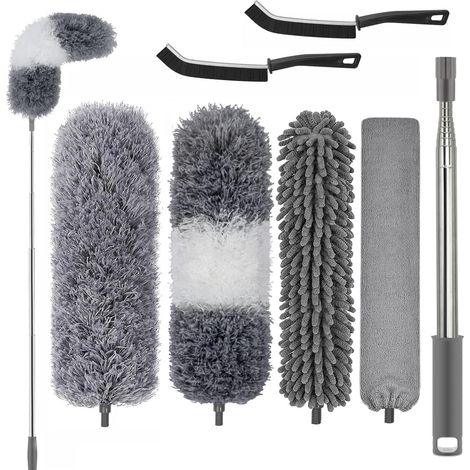 Plumeau télescopique lavable en microfibre long extensible jusqu'à 254 cm - 7 plumeaux longs extensibles - Attrape-poussière flexible - Pour plafond haut - Ventilateur de plafond (1/5)