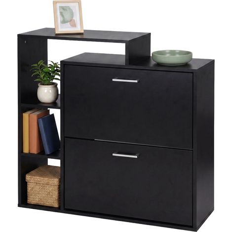 Black Shoe Cabinet with 2 Flaps - Compact Hallway Storage (1/5)