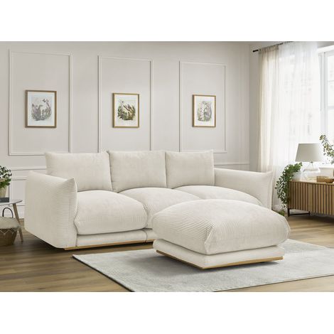 BOBOCHIC - Canapé droit fixe 3 places ERNEST tissu velours côtelé avec pouf   Beige (1/5)