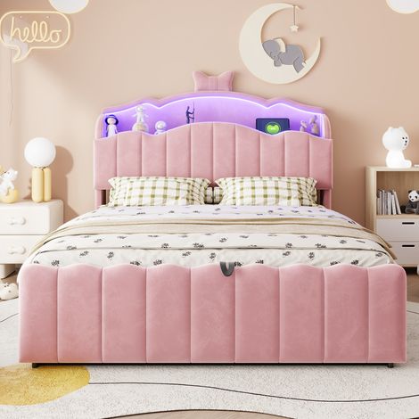 Cama infantil tapizada de 140 x 200 cm con almacenamiento hidráulico, funda de terciopelo, cabecero LED con iluminación de cambio de color, puertos de carga USB y USB-C, cabecero abatible con espacio (1/5)