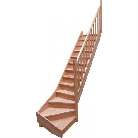 Levigne – Escalier quart tournant bas hêtre lamellé-collé 280 cm – Kit complet avec rampe fuseaux bois – Largeur 80 cm – Hauteur de marche 20 cm