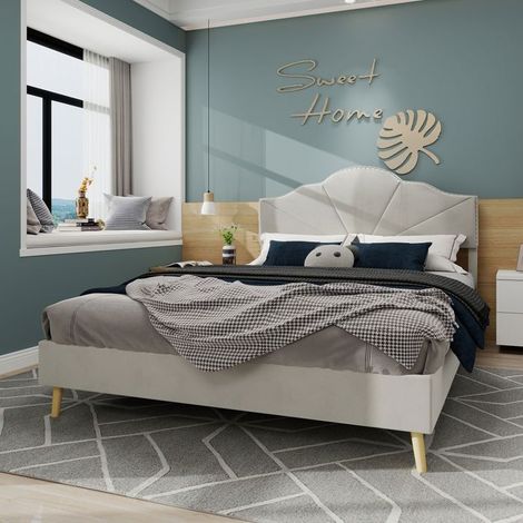 Lit Double 140 x 200 cm tête de lit confortable et douce beige meuble de multifonction cadre de lit bas sans barre de relevage (1/5)