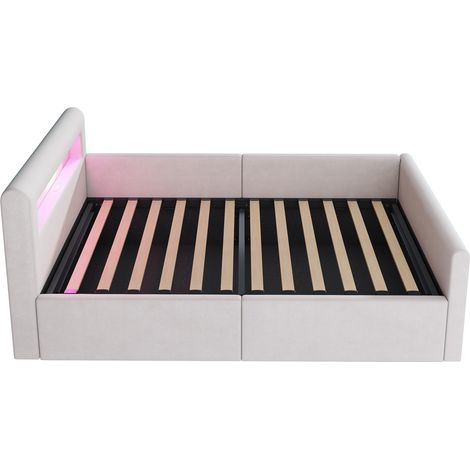 Cama infantil tapizada 90 x 200 cm de terciopelo beige con LED, USB y almacenaje (1/5)