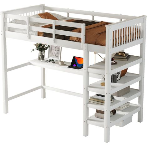 Letto a Soppalco Singolo con Scrivania e Scaffali 90×200 cm, senza Materasso, in Pino e MDF, Bianco (1/5)