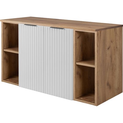 Furnidea - Meuble sous vasque suspendu FLOW BLANC 100 cm avec 2 x l'étagères - extensions et plan CHÊNE - 2 portes - façades rainurées (1/5)