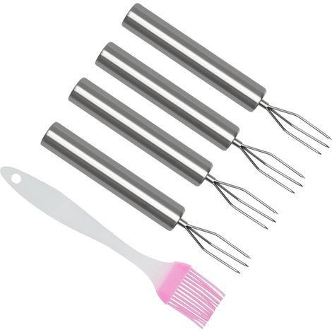 4PCS Fourchettes à Pommes de Terre en Acier Inoxydable avec 3 Dents Fourchette Maïs et LéGumes RéUtilisable Outil Dépluchage Pratique Pinceau Huile pour Barbecue, Camping, Cuisine Familiale (1/5)