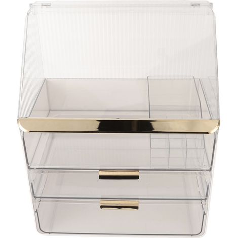 Boîte de rangement de maquillage transparente à plusieurs niveaux avec porte-rouge à lèvres, anti-poussière, blanche, à 3 niveaux, pour la maison (1/5)
