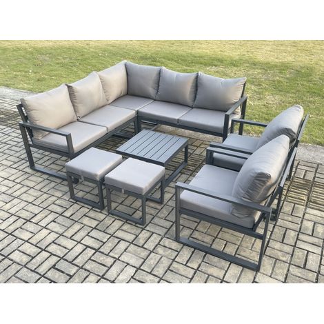 Fimous 9 Seater Outdoor Aluminium Garden Furniture Set Corner Lounge Sofa Set with Square Coffee Table 2 Small Footstools Dark Grey (1/5)