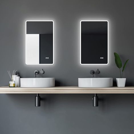 Talos Sun Badspiegel mit Beleuchtung - LED Badezimmerspiegel 45x70 cm - Wandspiegel mit LED Lichtumrahmung - Spiegel mit Lichtfarbe neutralweiß - Lichtspiegel mit Digitaluhr