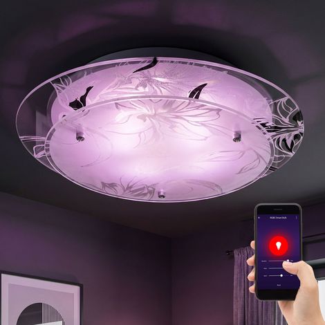 Smart Deckenleuchte rund Deckenlampe App Steuerung Küchenlampe Glas Wohnzimmerleuchte chrom, Blumenmuster, CCT, RGB LED 8,5W 806Lm, DxH 25x9,5 cm