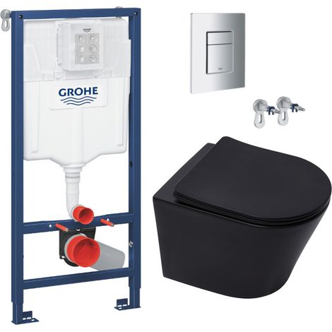 Grohe Pack WC Bâti-support Rapid SL + Cuvette SAT noire mat + Abattant frein de chute + Plaque Chrome (RapidSL-BlackInfinitio-1)