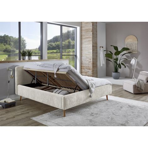 Meise Möbel Stauraumbett Mattis 180x200 cm Doppelbett Bettkasten & Lattenrost (Federholzrahmen) Strukturstoff Beige Holzfuß eichefarbig (1/5)