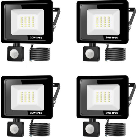 4PACK - 20W Projecteur LED détecteur de mouvement,Blanc Froid (6000K) 2000LM Exterieur Avec Detecteur Imperméable IP66 sécurité pour, garage, couloir