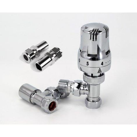 Haxby Angled Chrome TRV with Small Round Top Lockshield with 15mm to 10mm Pipe Reducer
