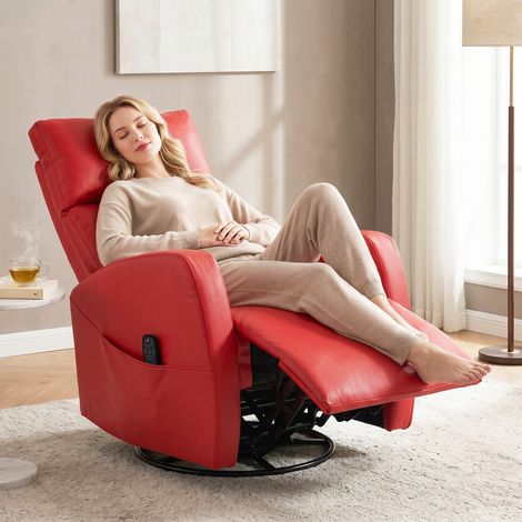 Fauteuil de massage inclinable en similicuir avec repose-pieds chauffant et télécommande. Rouge (1/5)