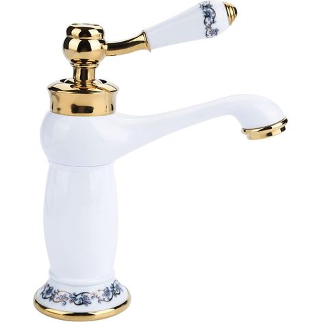 Rétro Mitigeur Robinet de Lavabo Laiton & Céramique Évier Bleu Et Blanc en Porcelaine À Long Cou Vintage Floral avec l'entrée d'eau Froide/Chaude Cuisine Salle de bain(blanc) (1/5)