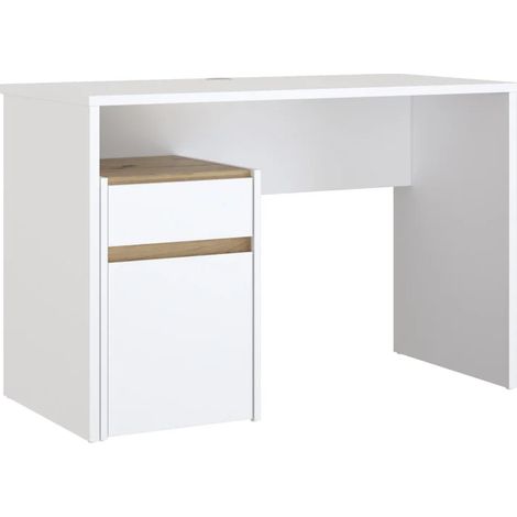 Bureau 110 cm blanc mat et décor bois de chêne avec caisson - ODYSSÉE (1/5)
