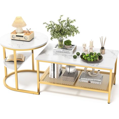 Ensemble table basse gigogne style luxe léger tendance, table d’appoint avec rangement pour salon, finition dorée (1/5)