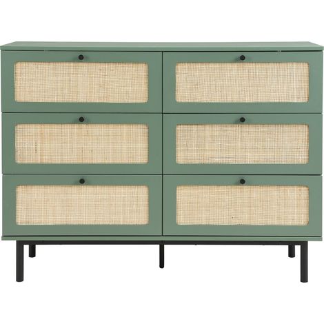 Commode 6 tiroirs vert et cannage 120 cm - Luma