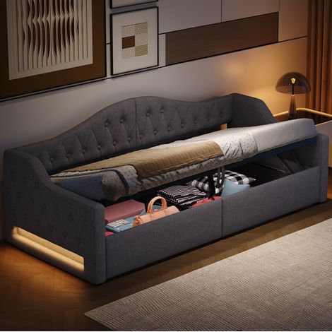 Letto a cassone bambini 90x200 cm con illuminazione LED e rete a doghe, senza materasso, senza fondo, grigio (1/5)