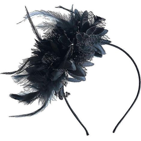 Bandeau vintage à plumes, élégant bandeau en tissu fleuri pour femmes et filles, accessoire de coiffure de mariée-Black (1/5)