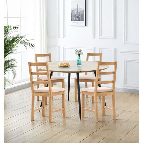 Hallowood Furniture Cullompton Large Dining Table and Chairs Set 4, Light Oak Effect Top Round Dining Table 120cm & Ladder Back Fabric Chairs, Dining Set for Kitchen, Restaurants, Apartments & Café (1/5)