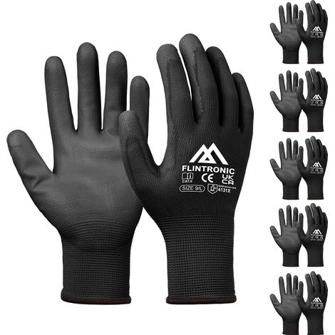 Gants de Travail 6 Paires, Gants en Nylon résistant à l'abrasion, Revêtement en PU, Polyvalent Gants de Jardinage, Pour Mecanique Industrielle Logistique Assemblage - Noir Taille 9/L (1/5)