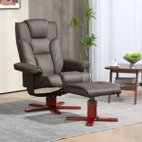 Sillón Reclinable con Reposapiés Tapizado en PU y Estructura de Madera Carga 150 kg Butaca para Dormitorio Marrón (1/5)