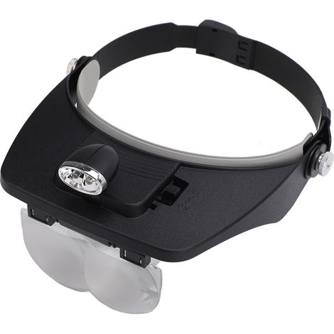Loupe frontale à LED avec 4 lentilles, 2 LED, angle réglable et fixation sur la tête. Grossissement : 1,2x, 1,8x, 2,5x, 3,5x. (1/5)