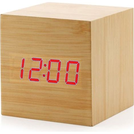 Horloge en bois LX-Mini - bambou et bois avec lettres rouges (1/5)