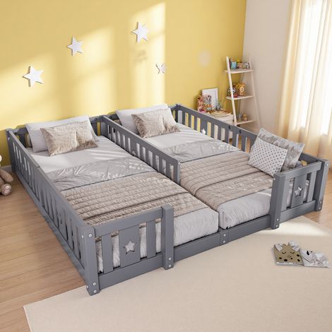 Montessori Letto 180x200cm,Lettino per bambini con motivo stella protezione anti-caduta,Letto per bambini Montessori al pavimento,letto per bambini in legno,letto gemellare Montessori,Grigio(Senza dog