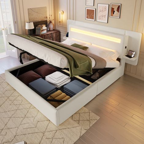 Lit coffre rembourré 140 x 200 cm, lit double avec rangement hydraulique, chevet intégré, port USB et éclairage LED multicolore,beige (1/5)