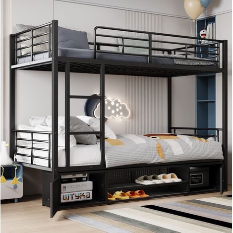 Letto a castello moderno 90x200 cm in metallo nero con scala, protezione anticaduta e scarpiera con 2 ante (1/5)