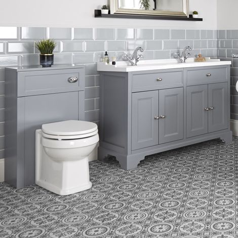 Milano Thornton 1210mm Bathroom Vanity Unit with Double Basin and WC Unit with Back to Wall Toilet Pan Seat and Cistern - Light Grey (1/5)