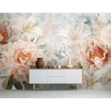 Fototapete Blumen Boho Pfingstrosen, für Wohnzimmer und Schlafzimmer, 150 x 105 cm – Komplettset inkl. Kleister & Anleitung (1/5)