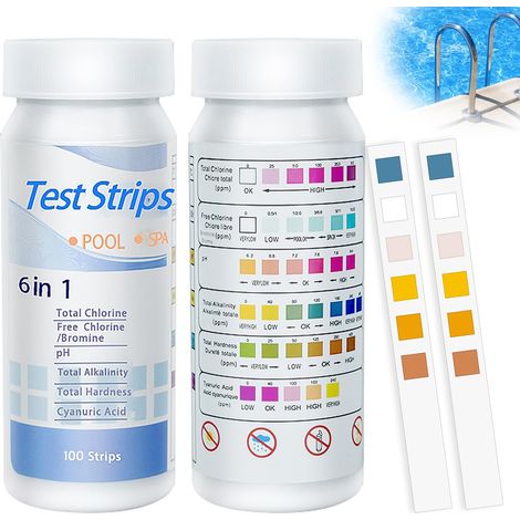 Lot de 100 Bandes de Test, 6 En 1 Bandes Spa Et Piscine, Bandes Test Eau pour Tester Chlore Libre, Le Brome, la dureté Totale, l’alcalinité Totale, l’Acide cyanurique et Le pH (1/5)