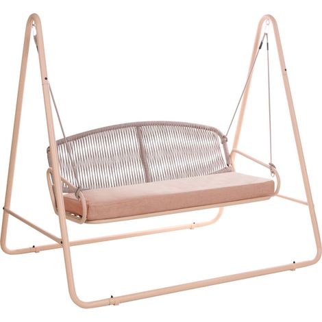 Dondolo da giardino moderno con struttura in acciaio, cuscino in olefina e schienale in corda intrecciata, marrone Norcia (1/5)