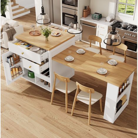 REDOM Isola da cucina 122.5x70x93.8 cm, piano estraibile, 2 cassetti e portabottiglie, MDF bianco (1/5)