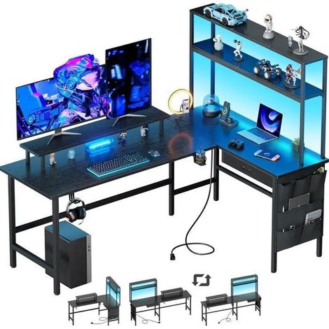 EcoFurnix 170× 100 cm Gaming Desk with LED Lights & Power Outlet, Corner Desk with Storage, Computer Desks for Home Office, Black