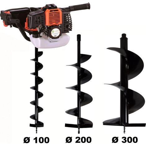 Gt Garden – Tarière thermique 52 cm3 – Moteur 2 temps 3 CV – Lot de 3 mèches Ø 100/200/300 mm – Vitesse de forage ajustable