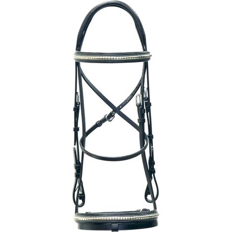Cob, Marrone: Bridon en cuir avec clincheur nickelé, muserolle et frontal rembourrés et rênes recouvertes de caoutchouc